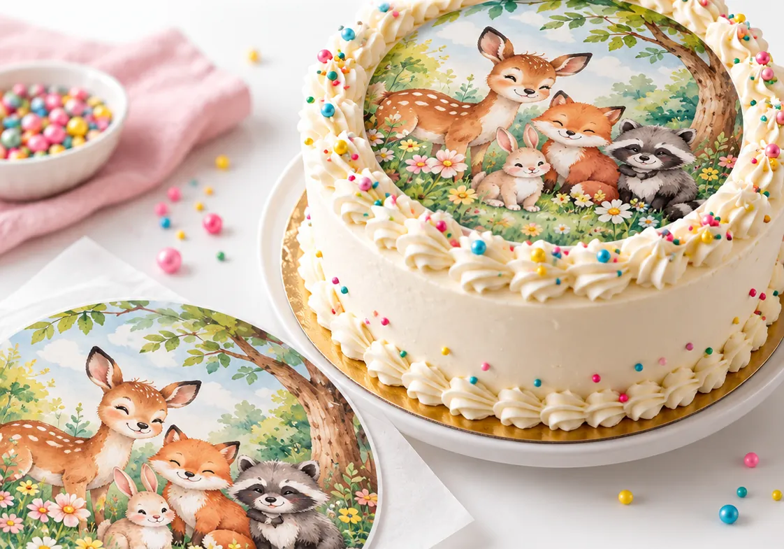 Torta sa okruglom jestivom slikom ilustrovanih šumskih životinja