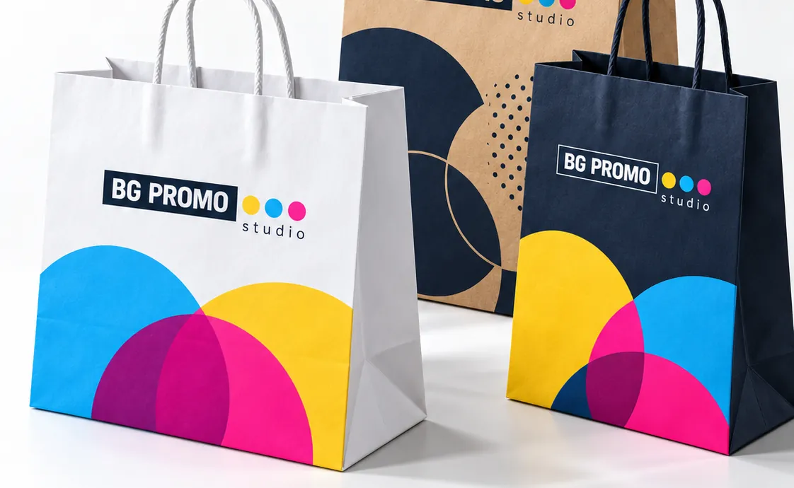 Bela, kraft i tamnoplava papirna kesa sa ručkama i logom BG Promo